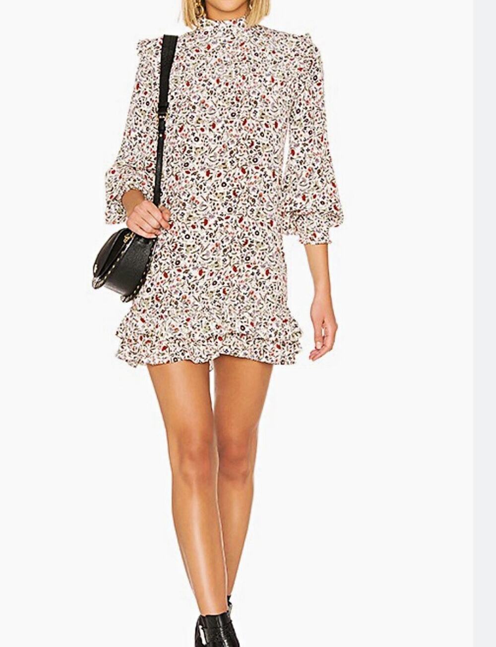 FRAME Smocked Shift Ruffle High Neck Mini Dress Size M